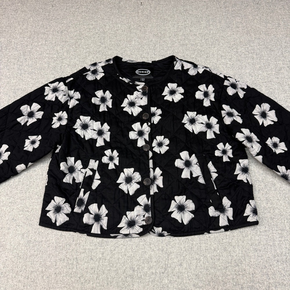 Scoop Quilted Floral Button Front Jacket XL 16-18 Black White Cotton Pockets
